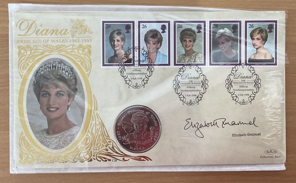 Lot 130: Elizabeth Emanuel signed Diana Princess of Wales coin...