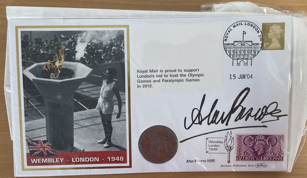 Lot 131: Alan Pascoe MBE signed Wembley London 1948 coin...