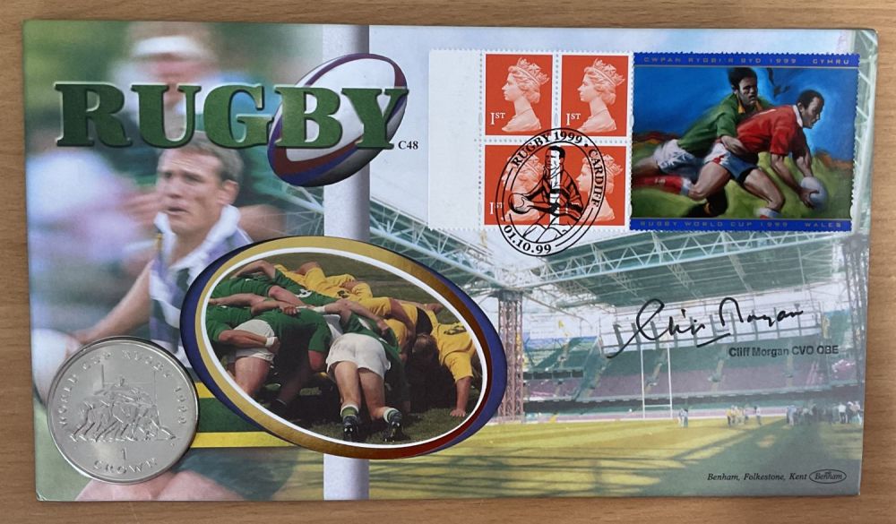 Lot 137: Cliff Morgan OBE signed Rugby 1999 coin cover....