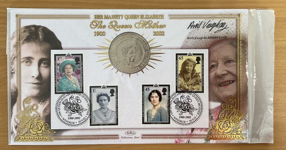 Lot 141: Avril Vaughan signed The Queen Mother 1900-2002 coin...