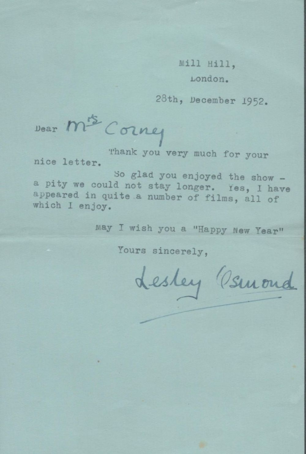 Lot 475: British Actress Leslie Osmond TLS Dated 28th December...