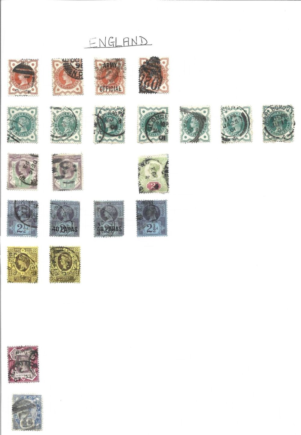 Lot 359: Assorted QV GB stamps on loose album page....
