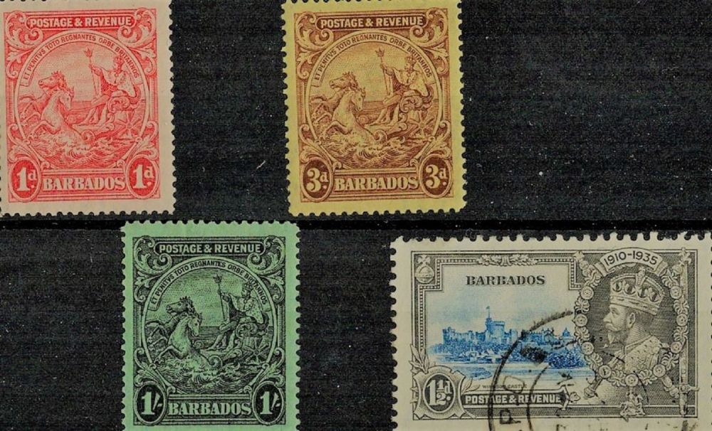 Lot 390: Barbados Stockcard with 4 Old Stamps. Good condition....