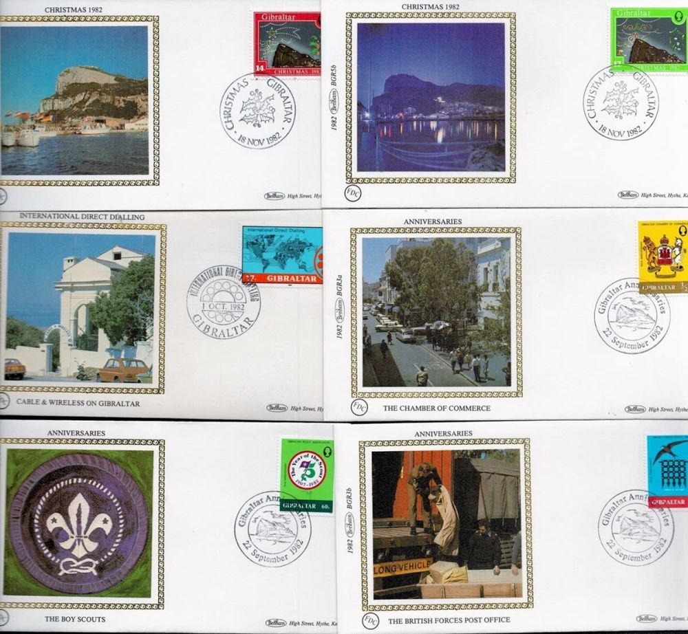 Lot 472: Benham Gibraltar small silk FDCs inc 1982 Christmas,...