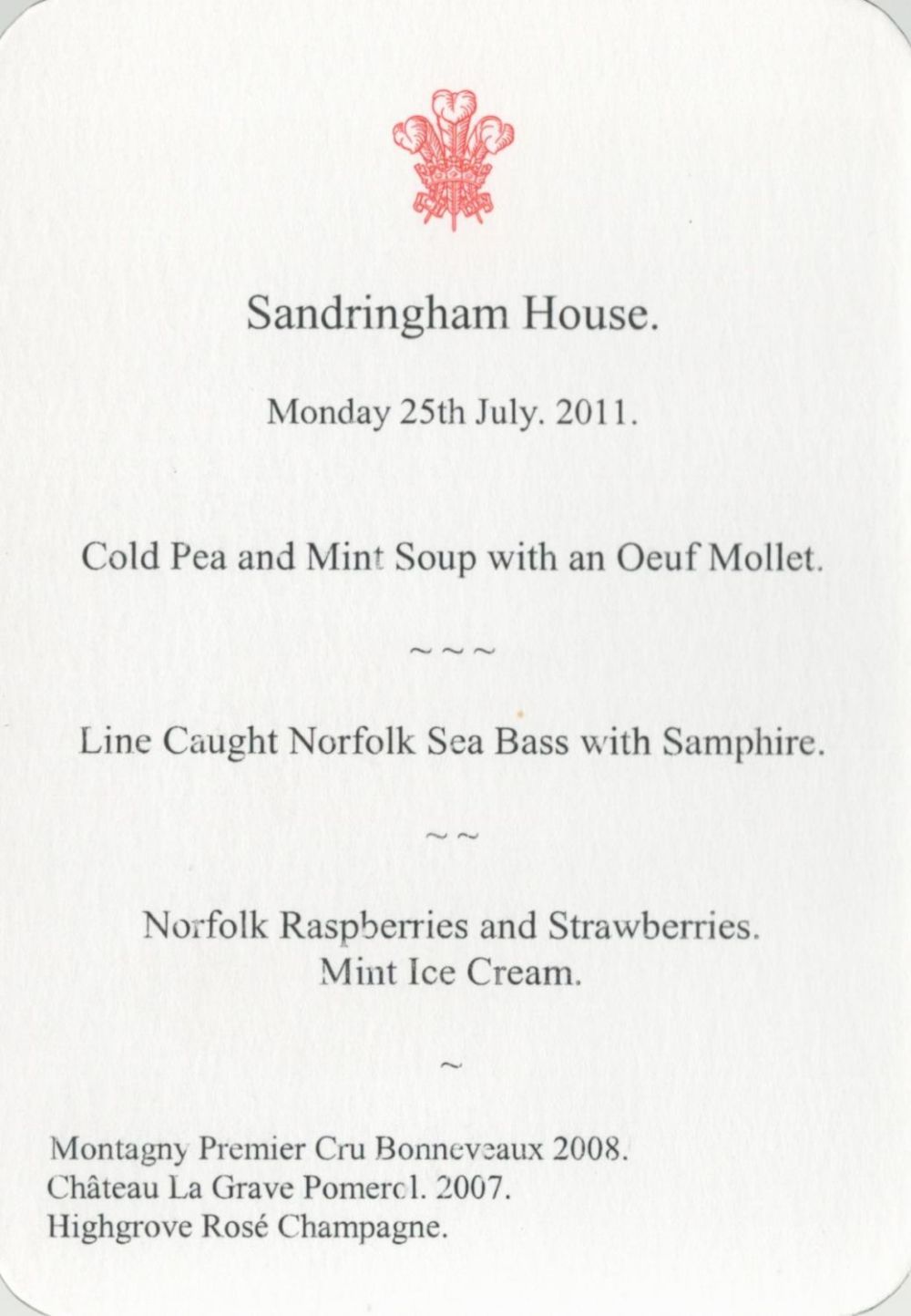 Lot 133: Royal Dinner Menu for Prince Charles at Sandringham...