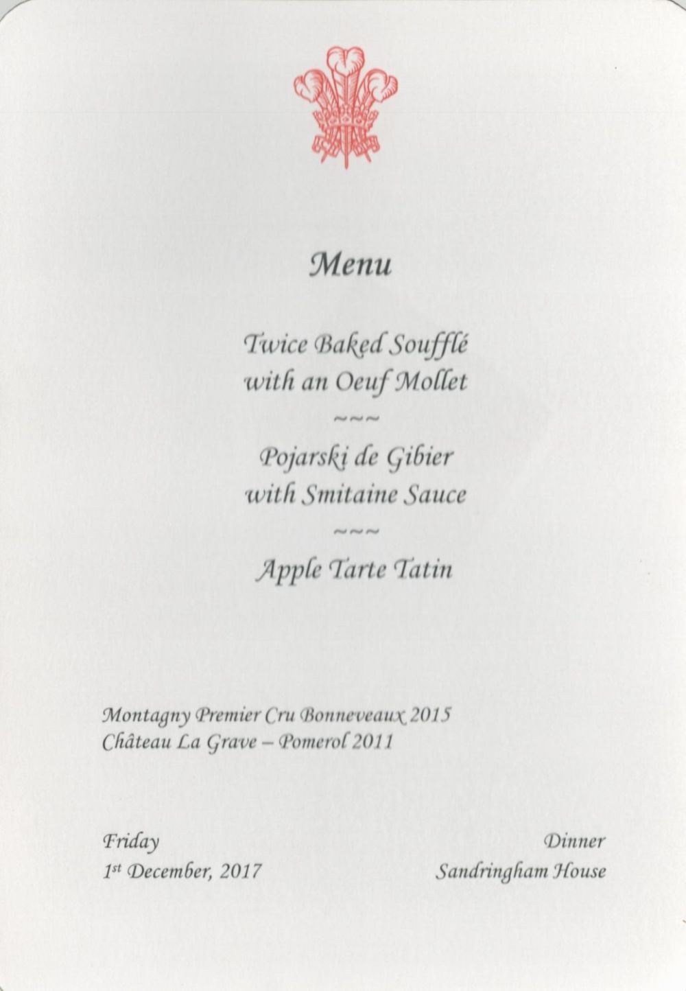Lot 134: Royal Dinner Menu for Prince Charles at Sandringham...