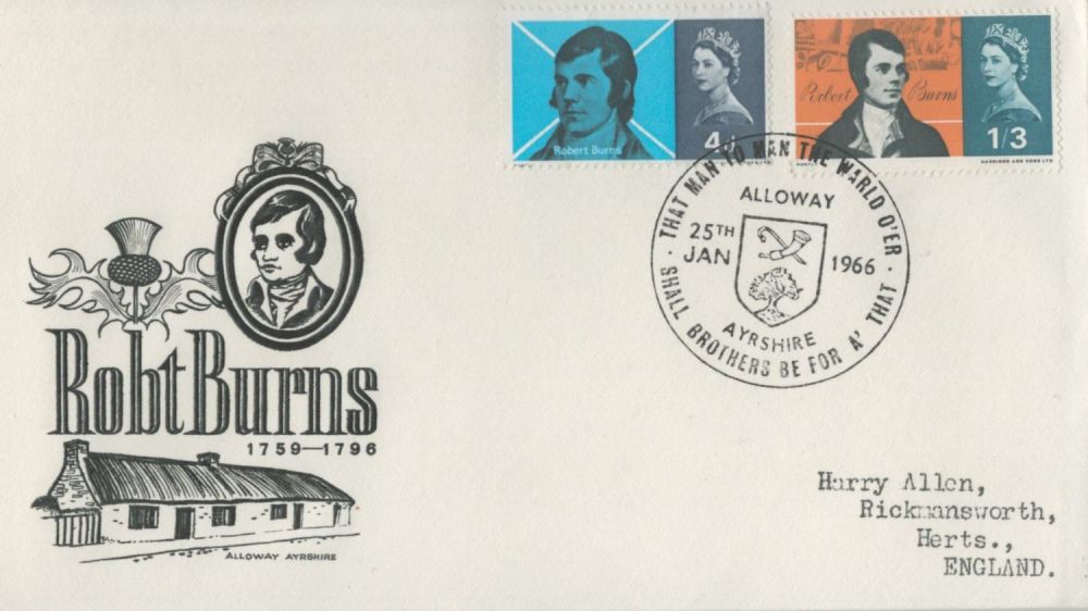Lot 292: 1966 Robert Burns FDC with Alloway special postmark....