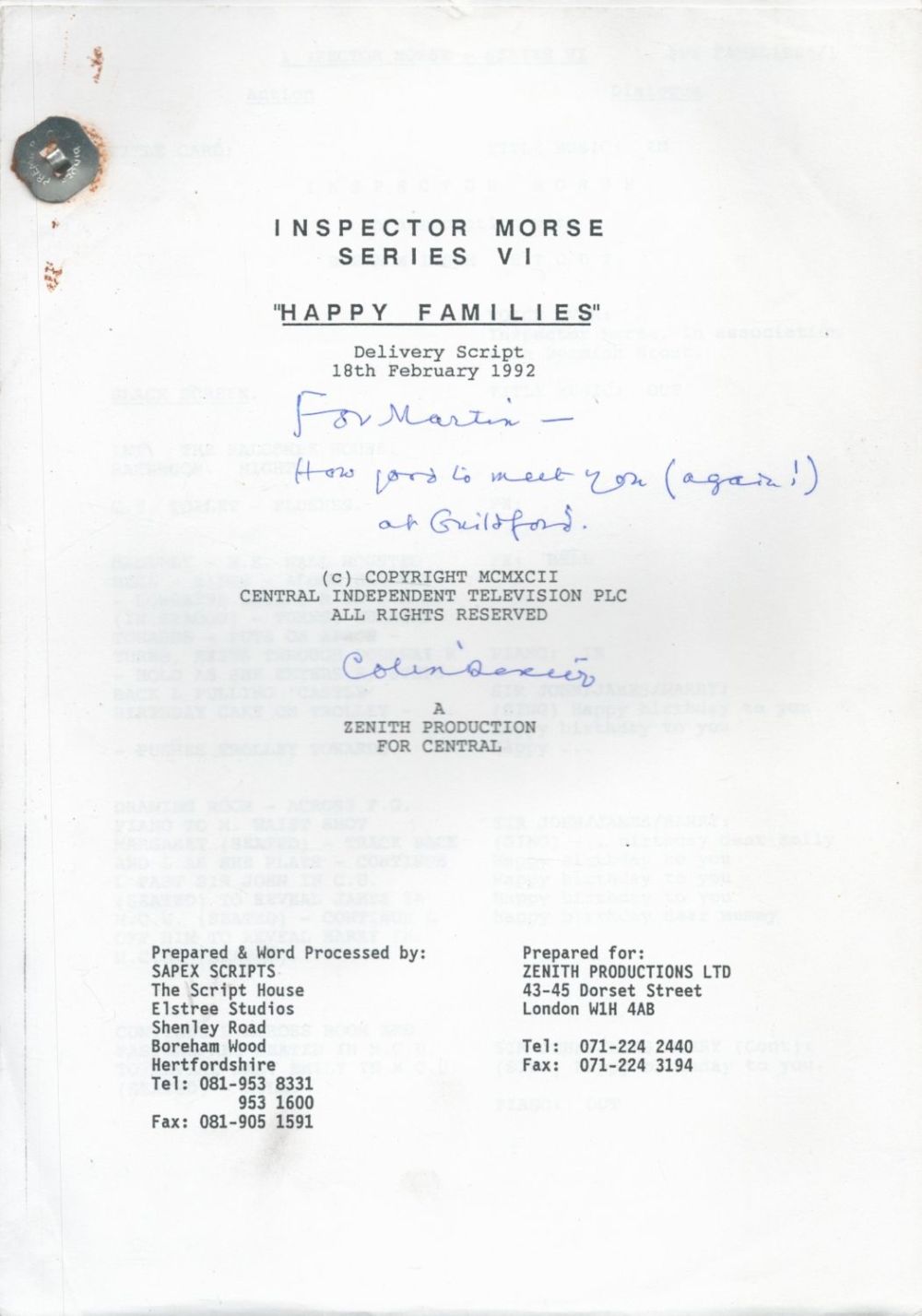 Lot 302: Inspector Morse Writer Colin Dexter Signed Happy Families...
