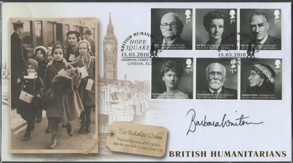 Lot 498: Barbara Winton signed British Humanitarians FDC. 6 stamps...
