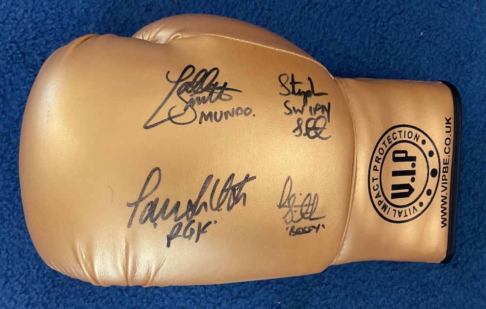 Lot 221: Smith Brothers multi signed Gold Boxing Gove signature...
