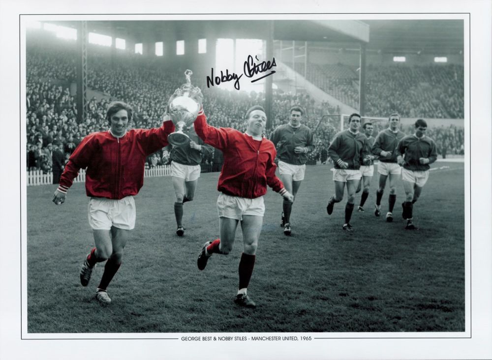 Lot 381: Football Nobby Stiles signed 16x12 Manchester United colourised...