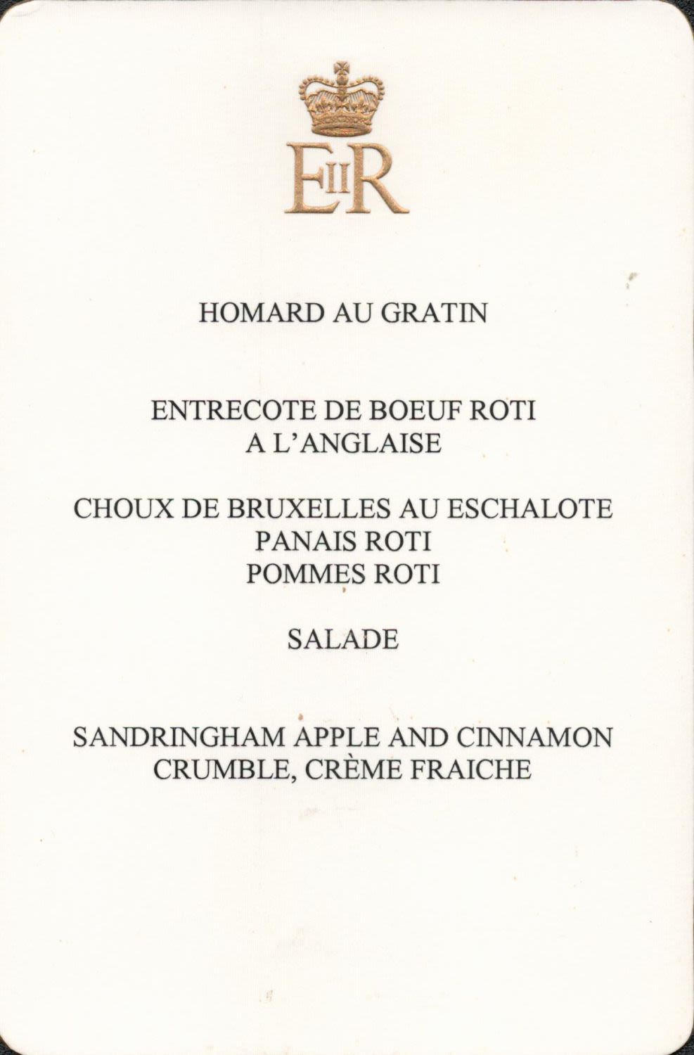 Lot 79: Queen Elizabeth Sandringham Dinner Menu with Royal Crest....