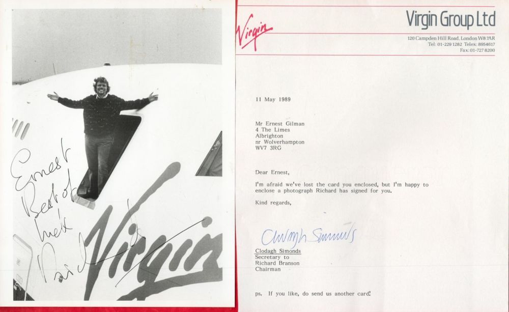 Lot 183: Richard Branson signed 8x6 black and white photo....