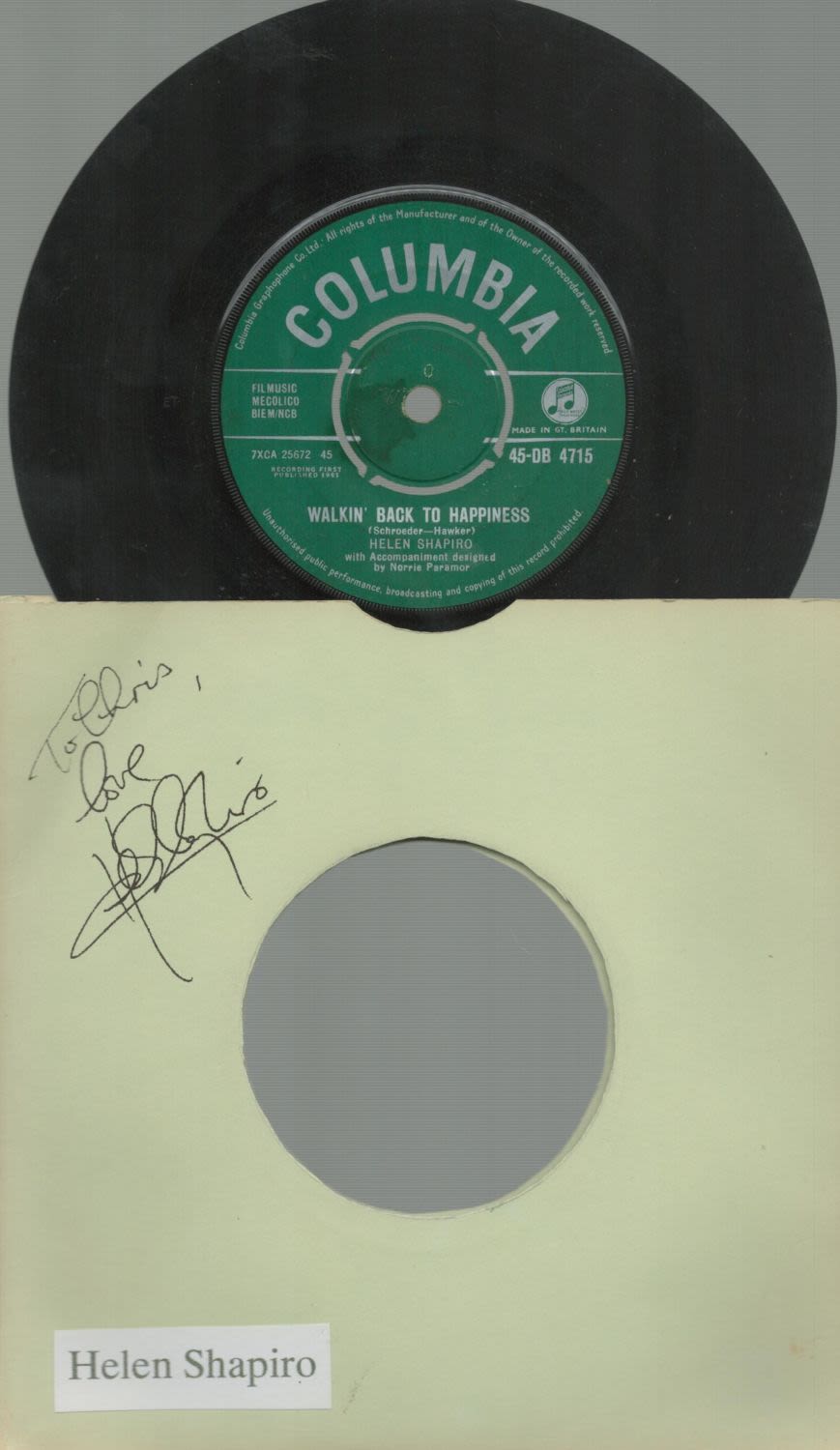 Lot 238: Helen Shapiro signed record sleeve includes Columbia 45rpm...