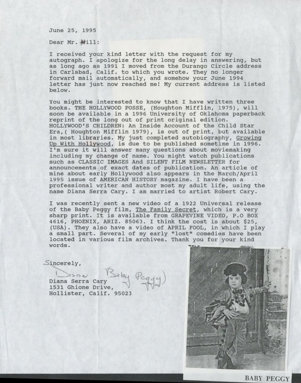 Lot 256: Diana Serra Cary Baby Peggy TLS dated June...