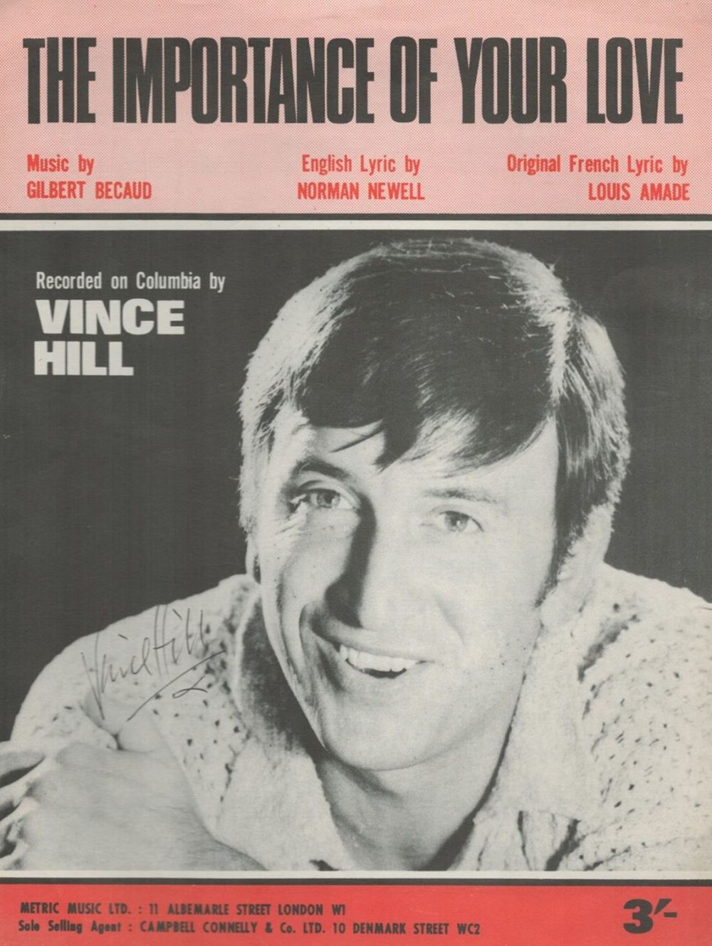 Lot 346: Vince Hill Singer Signed Vintage 1967 'The Importance...