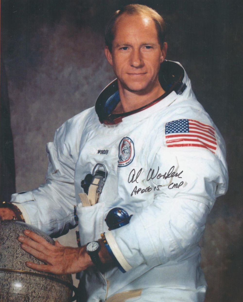 Lot 17: Al Worden signed White Space Suit photo, Apollo...