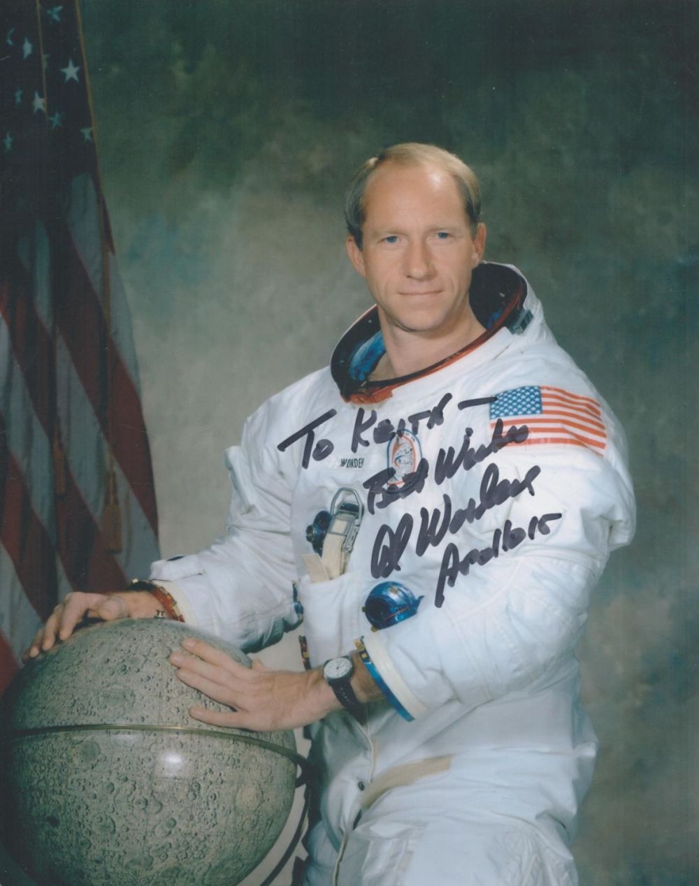 Lot 18: Al Worden inscribed and signed White Space Suit...