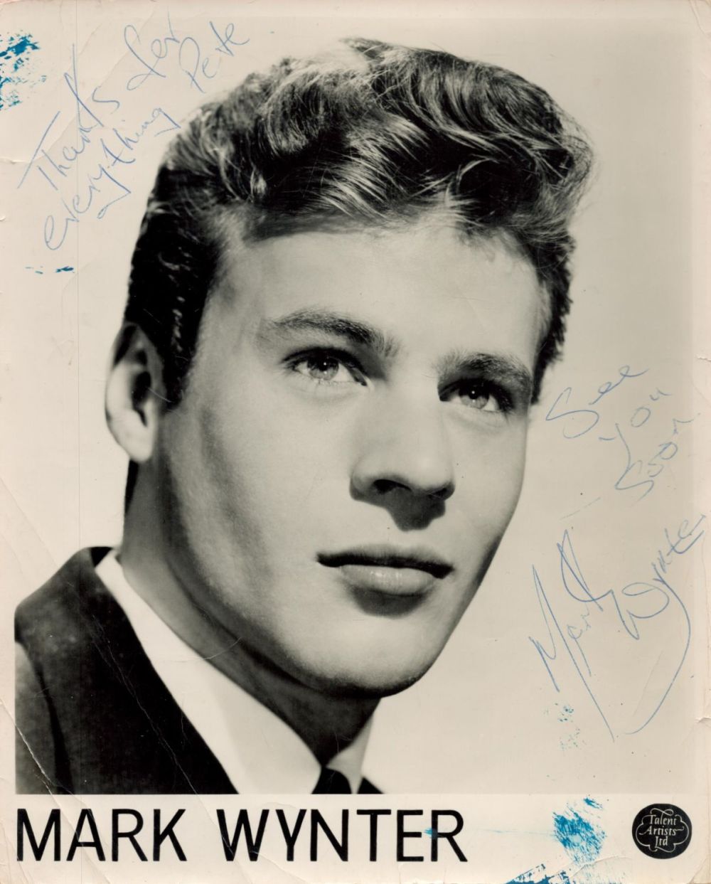 Lot 86: Singer Mark Wynter Signed Vintage 10x8 Inch Black...