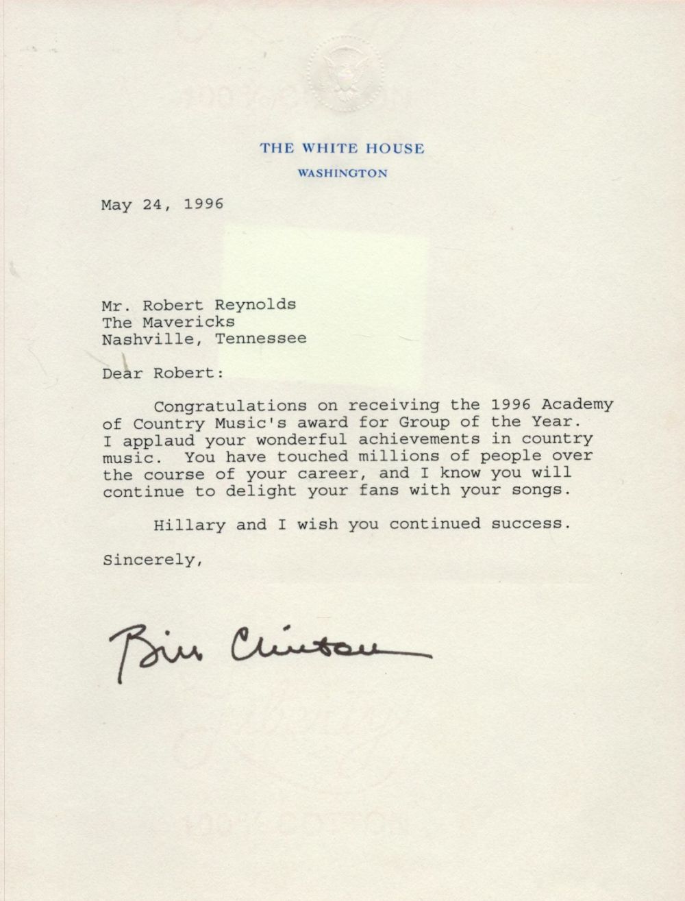 Lot 124: Bill Clinton Autopen Signature on The White House...
