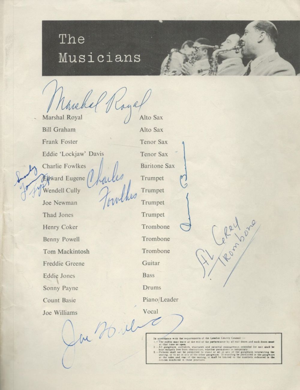 Lot 348: 6 Signed Count Basie Performance Programme. Signed by...