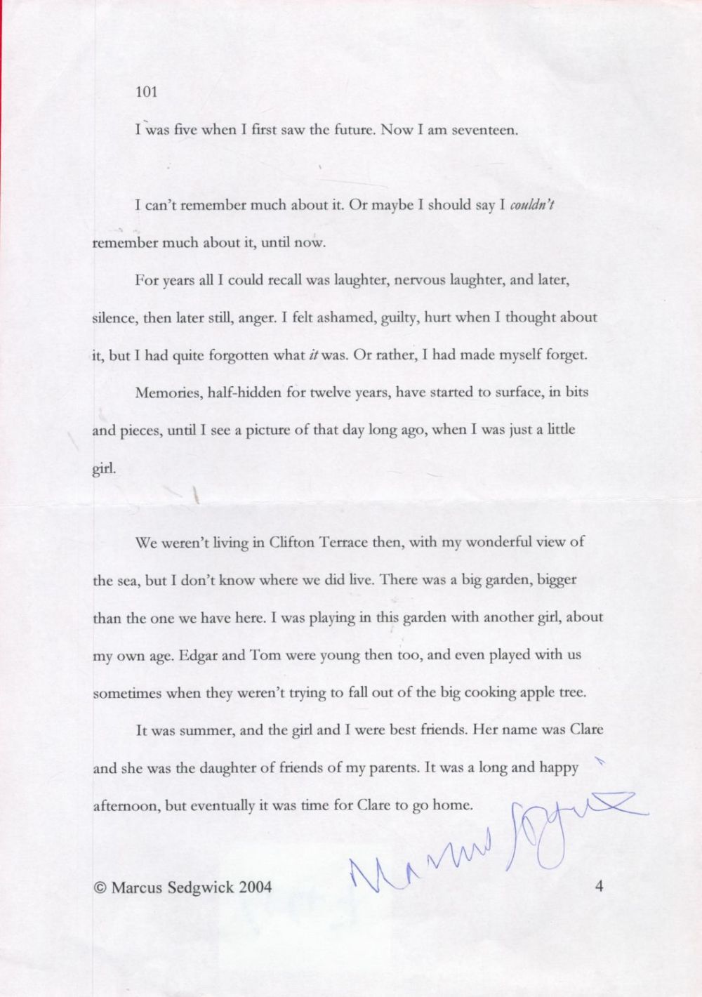 Lot 447: British Writer and Illustrator Marcus Sedgwick Signed on...
