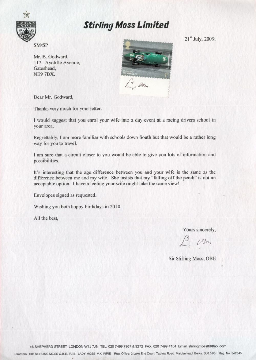 Lot 451: Sir Stirling Moss Signed TLS Dated 21st July...