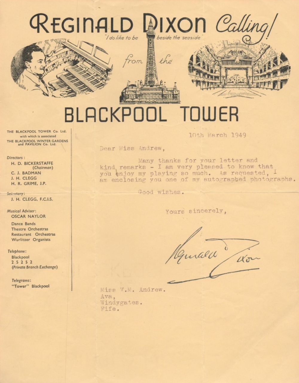 Lot 465: English theatre organist Reginald Dixon Signed TLS dated...