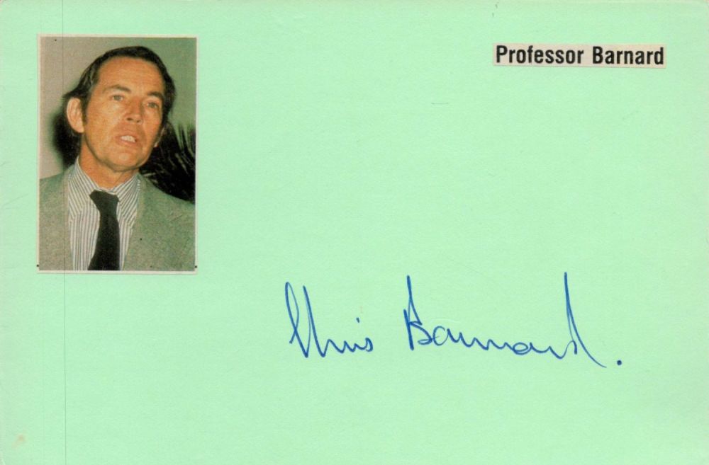 Lot 518: CHRISTIAAN BARNARD Signed 6x4 inch Green Autograph Album...