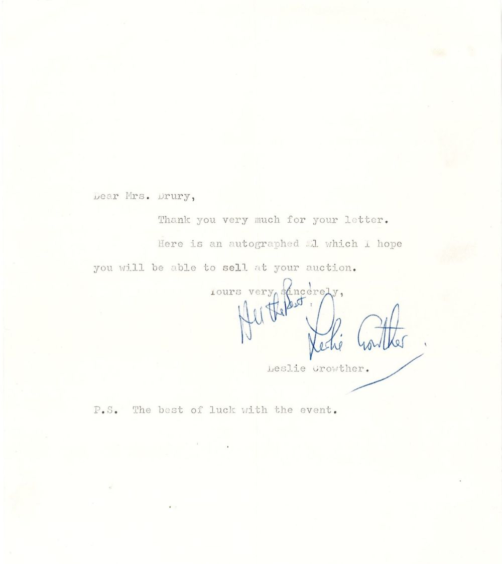 Lot 559: English comedian Leslie Crowther Signed TLS, Undated. Signed...
