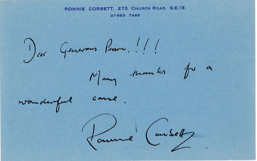 Lot 560: Ronnie Corbett Signed 6x4 inch Blue Personalised Card...