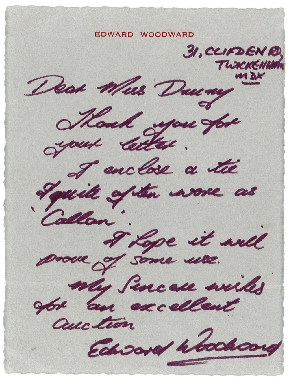 Lot 563: British Actor Edward Woodward Signed ALS, Undated. Genuine...