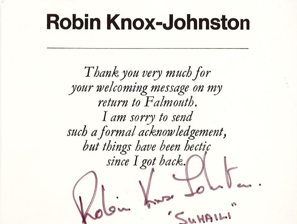 Lot 567: British sailor Robin Knox-Johnston Signed 5x4 inch Apology...