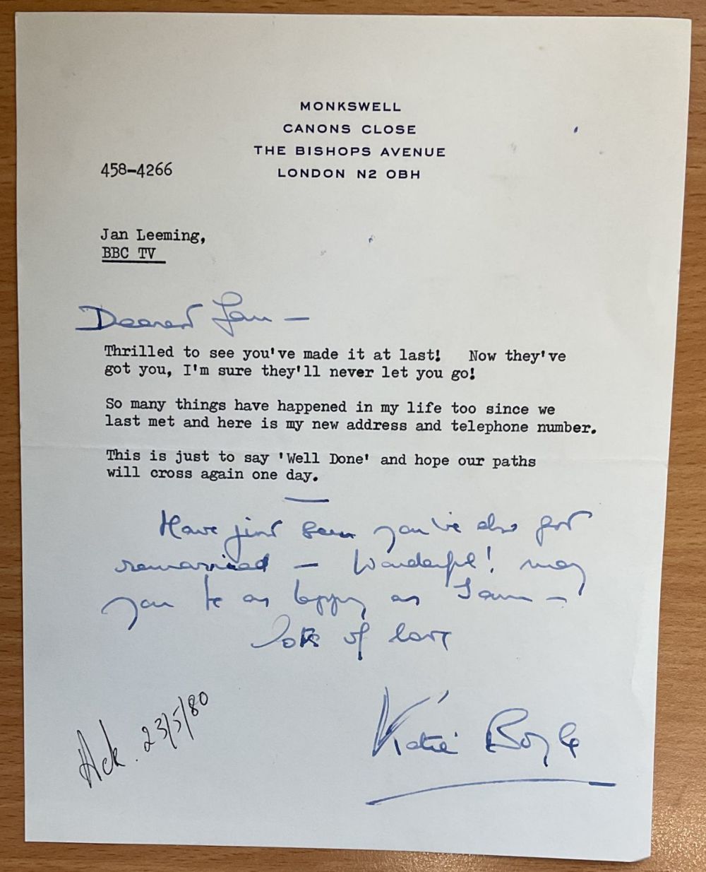 Lot 715: English Actress Katie Boyle Signed Part TLS, Part...