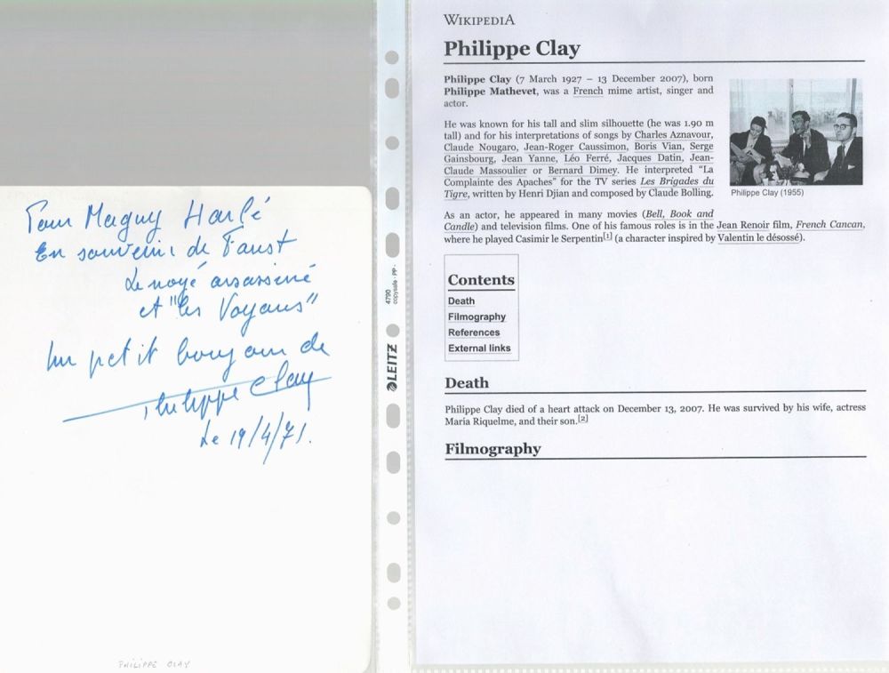 Lot 746: Philippe Clay signed handwritten note/letter. Comes with Wikipedia...