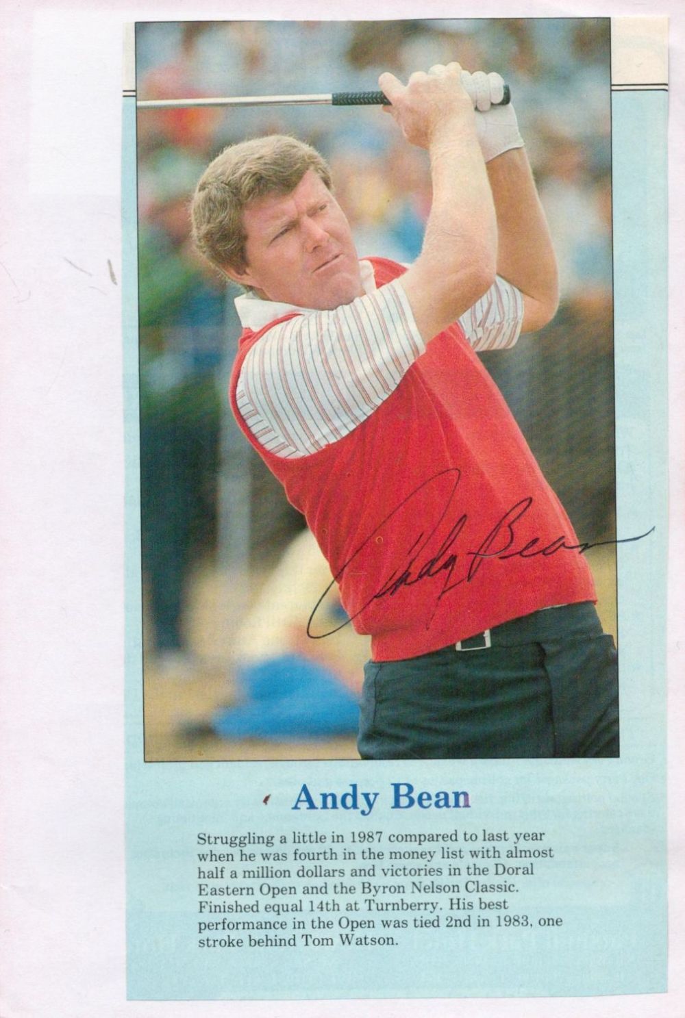 Lot 214: Golf, Andy Bean signed colour magazine photo affixed...