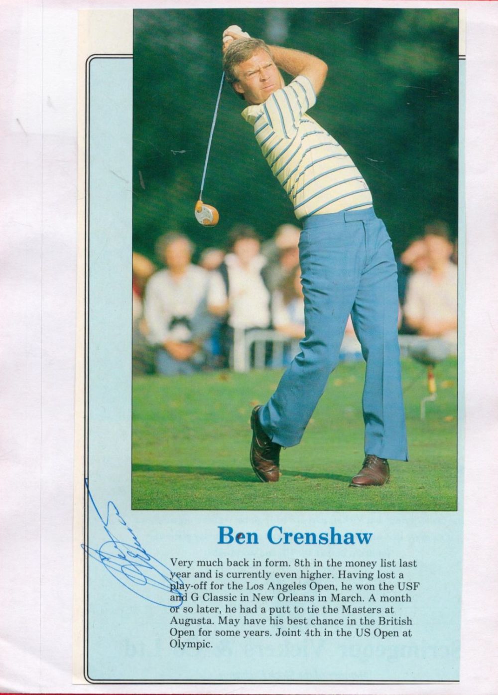 Lot 216: Golf, Ben Crenshaw signed colour magazine photo affixed...