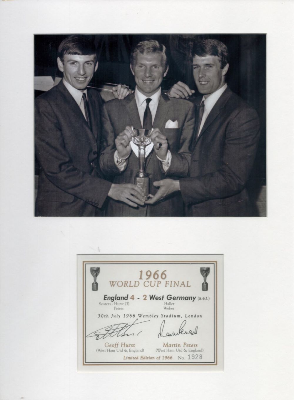 Lot 231: Geoff Hurst and Martin Peters 16x12 mounted signature...