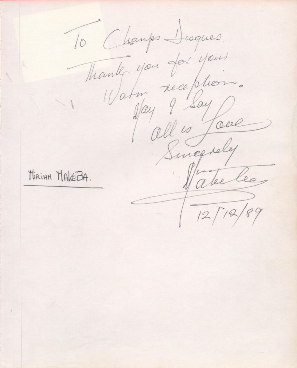 Lot 342: Miriam Makeba signed 8x7 page dedicated and inscribed,...