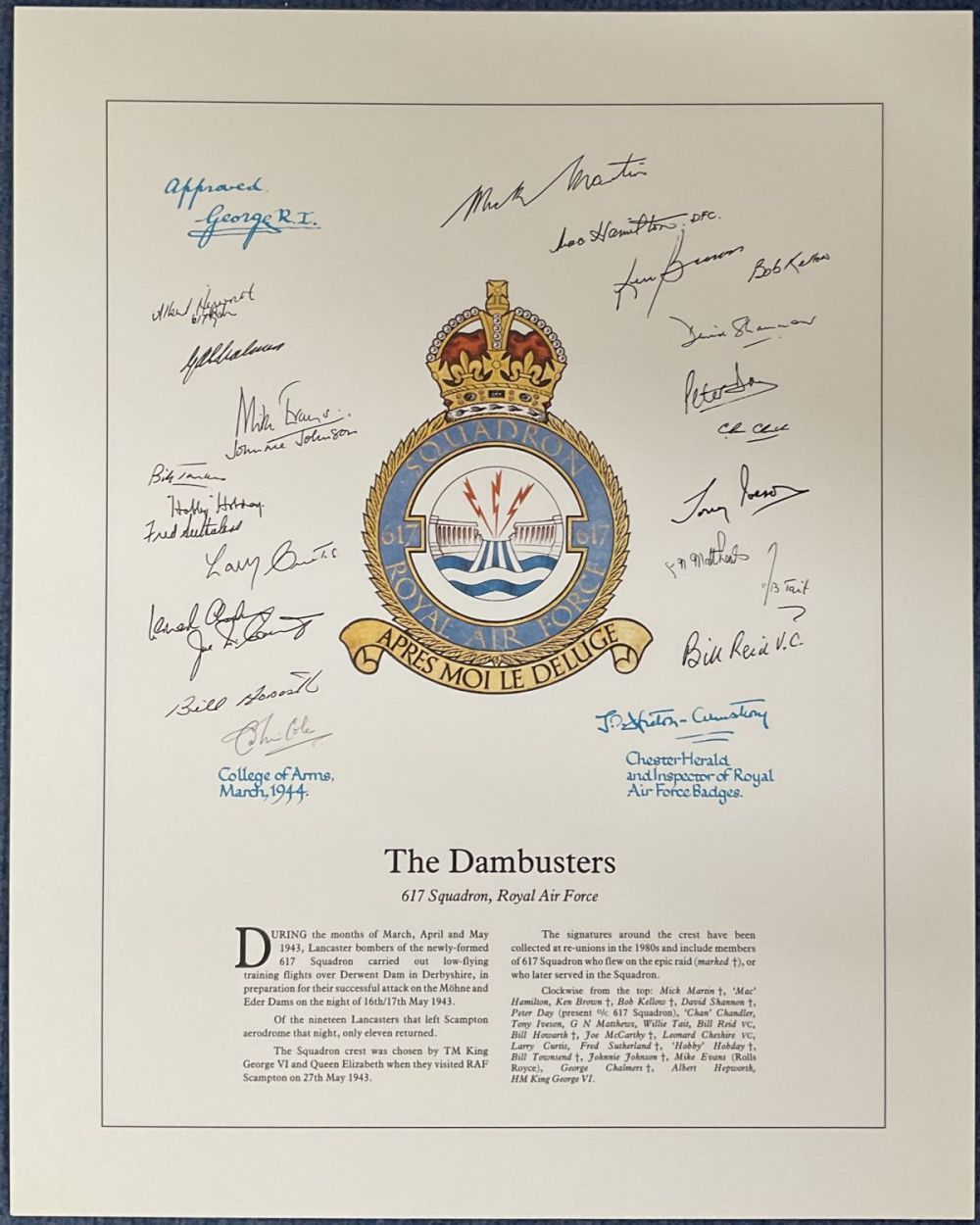 Lot 172: WW2 617 Squadron Printed Signatures on 617 Emblem...