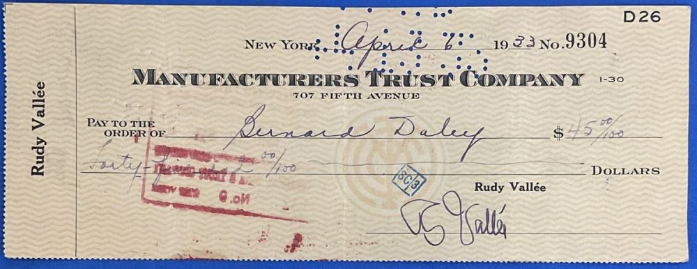 Lot 293: American Actor Rudy Vallee Signed Manufacturers Trust Company...