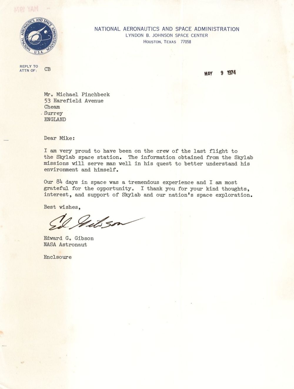 Lot 425: Astronaut Edward G Gibson Signed TLS Dated May...