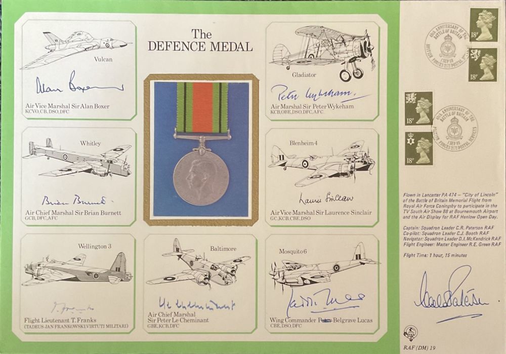 Lot 442: WW2 multisigned DM cover The Defence Medal signed...