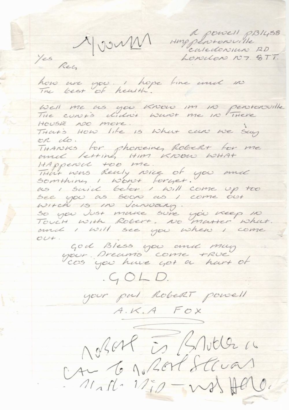Lot 117: Historic Handwritten Letter To Reggie Kray from Fellow...