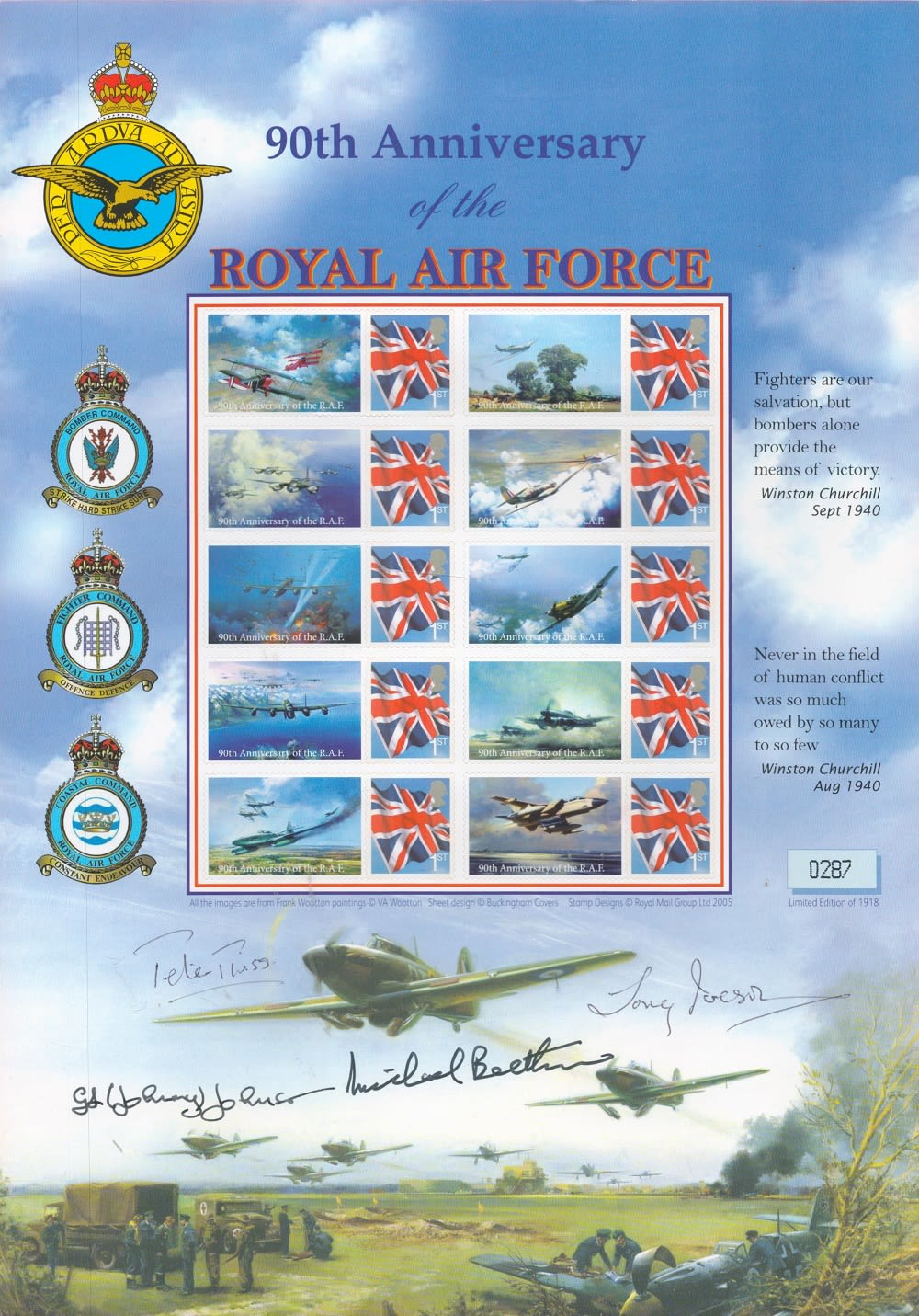 Lot 265: RAF multi signed 90th Anniversary stamp sheet limited...