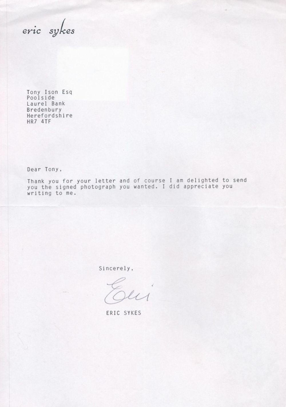 Lot 334: Eric Sykes Personally Signed Typed Letter on headed...