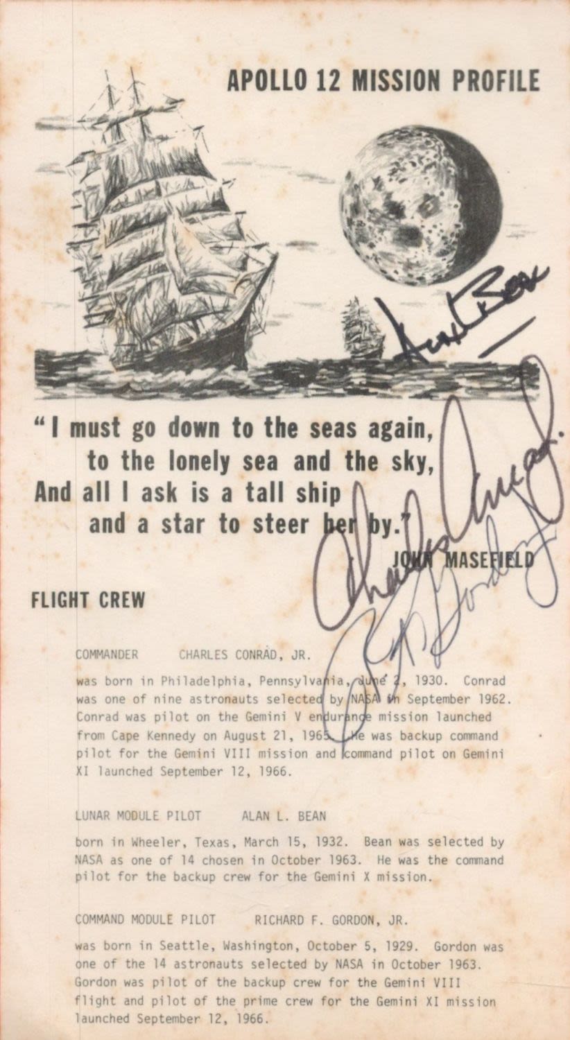 Lot 154: Apollo 12 multisigned illustrated vintage mission profile card...