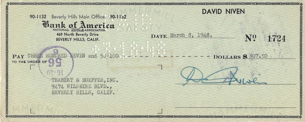 Lot 193: David Niven signed personalised Cheque dated March 8th...