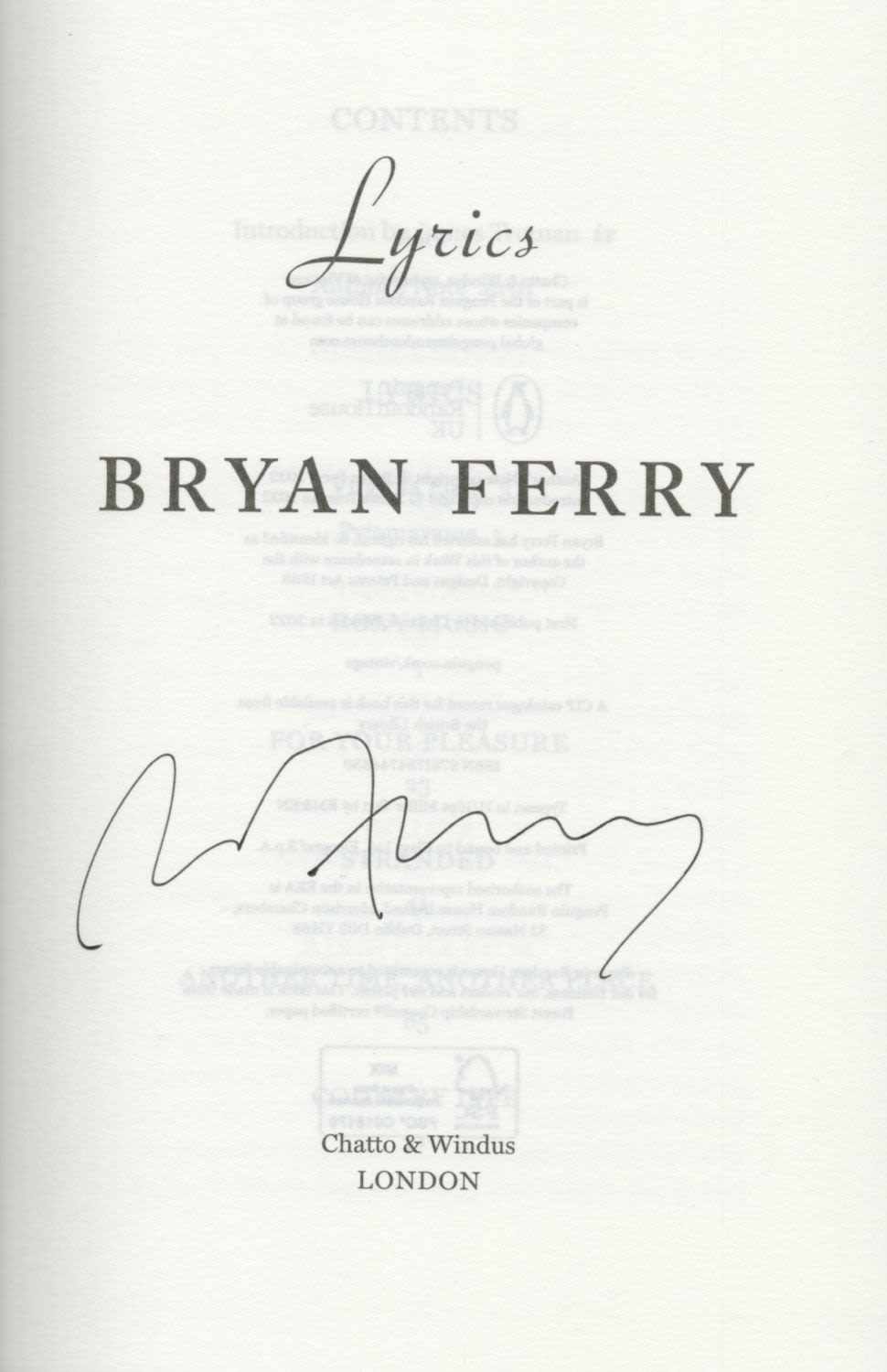 Lot 202: Bryan Ferry signed hardback book titled Lyrics This...