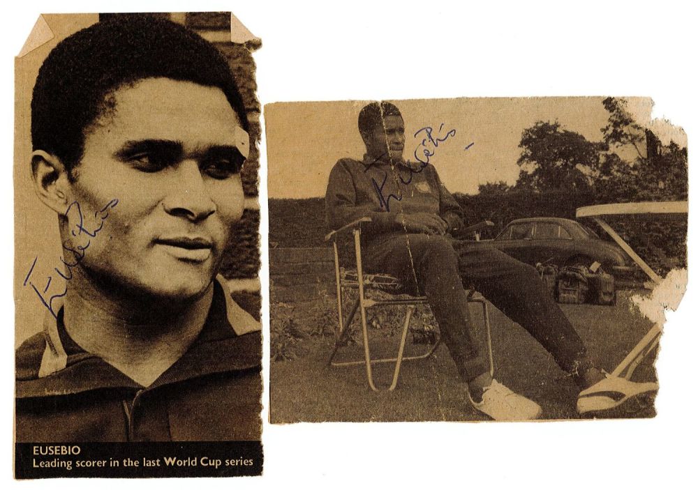 Lot 228: Eusebio signed 5x3 and 4x4 Newspaper black and...